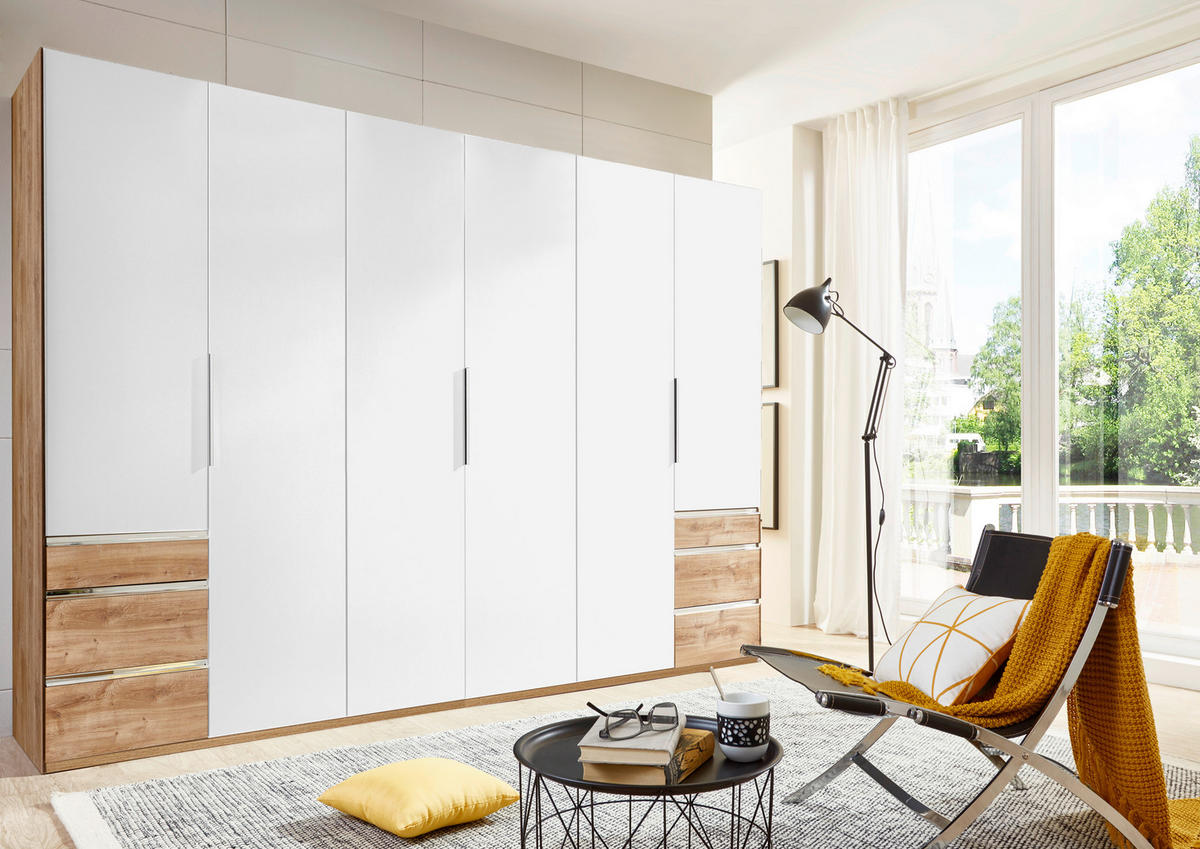 DREHTÜRENSCHRANK 300/236/58 cm,  in Weiß, Plankeneiche, 6-türig  - Chromfarben/Plankeneiche, MODERN, Holzwerkstoff (300/236/58cm) - MID.YOU