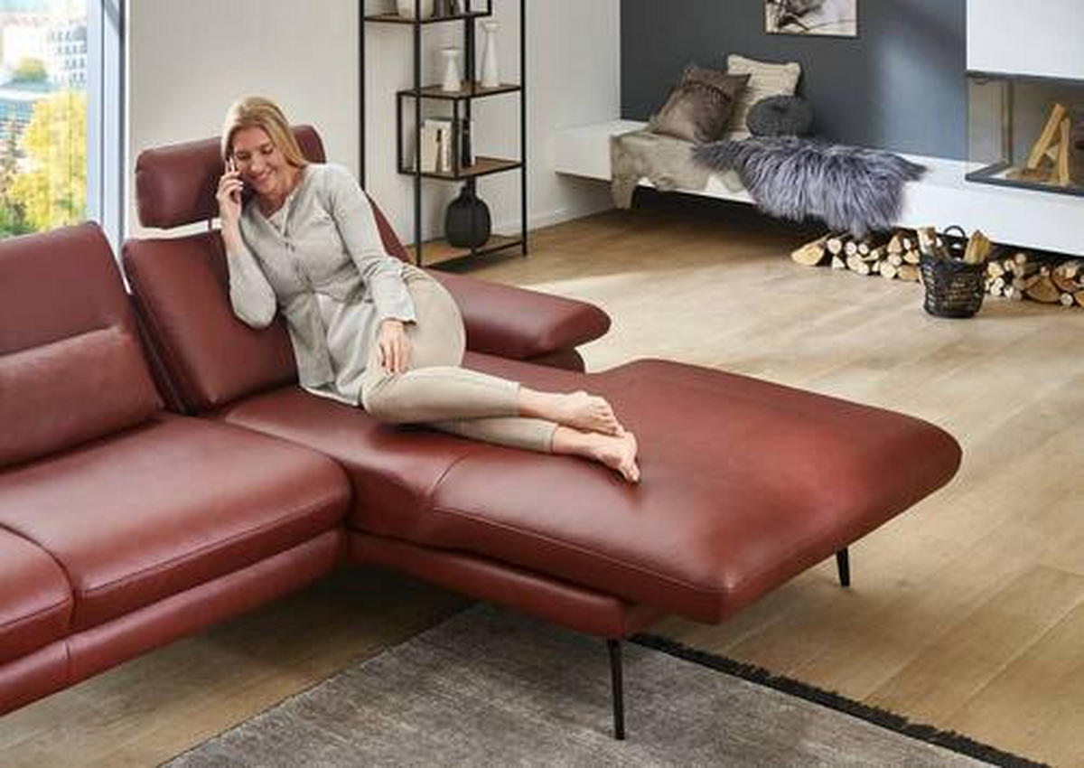 ECKSOFA in Echtleder Dunkelrot  - Schwarz/Dunkelrot, Design, Leder/Metall (310/180cm) - Dieter Knoll