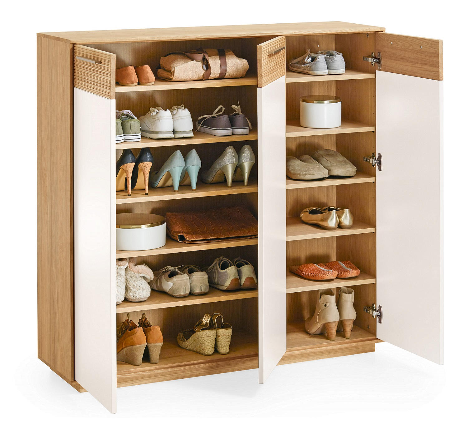 Thumbnail - Schuhschrank, Weiß, Eiche, Holzwerkstoff, Eiche, furniert, massiv, teilmassiv, 10 Fächer, 127x124x37 cm, Made in Germany...