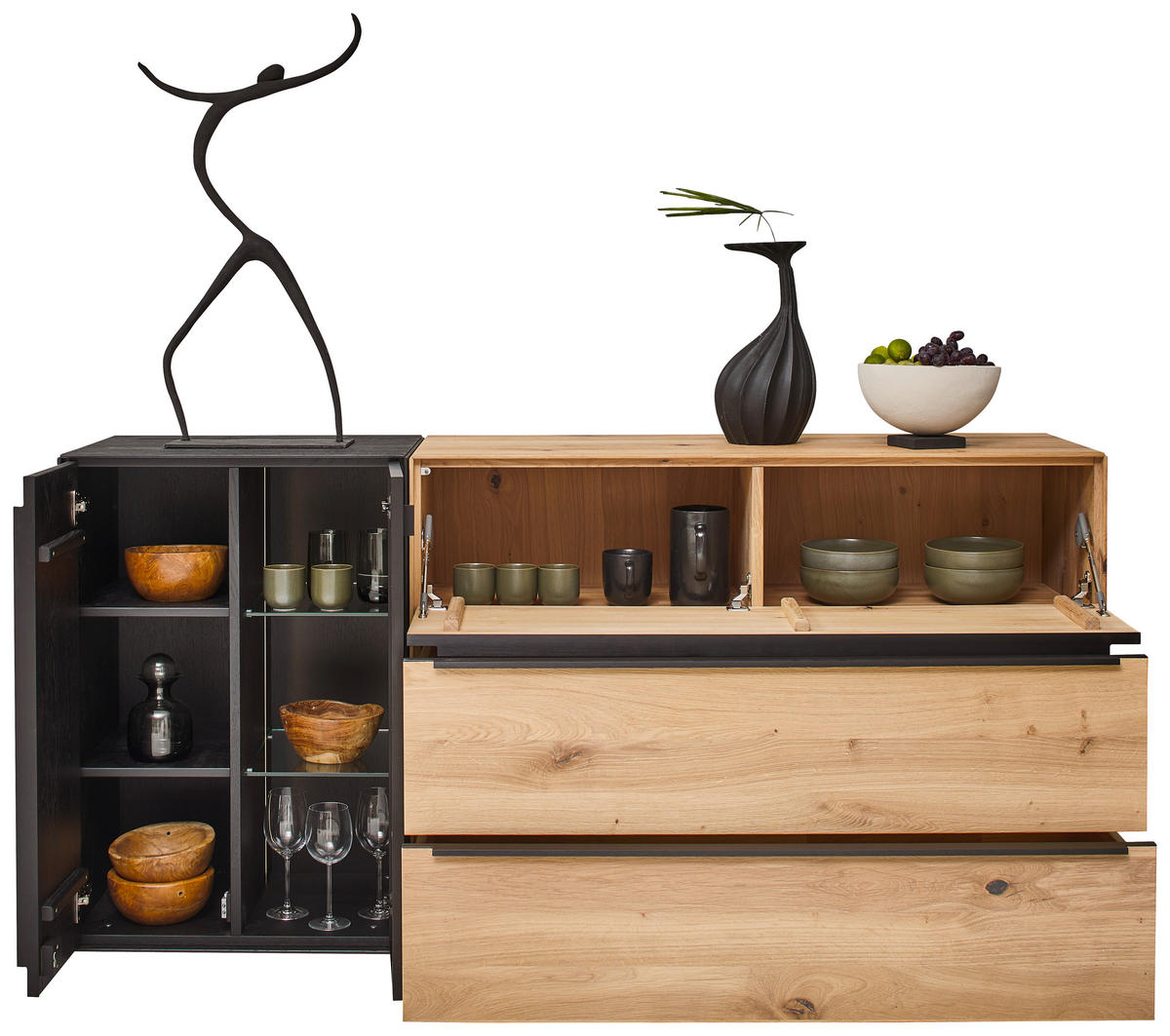 SIDEBOARD Schwarz, Eichefarben  184/90,3/47,1 cm  - Eichefarben/Anthrazit, Natur, Glas/Holz (184/90,3/47,1cm) - Valnatura