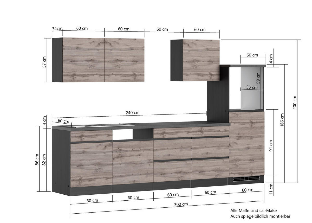 KÜCHENLEERBLOCK 300 cm   in Grau, Eiche Wotan  - Eiche Wotan/Grau, Design, Holzwerkstoff (300cm) - Held