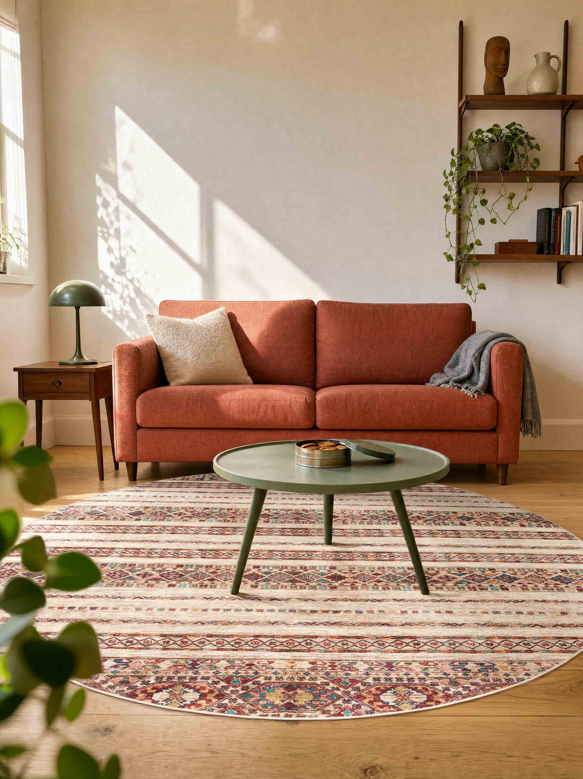 VINTAGE-TEPPICH 200 cm Cortea Araqan Terracotta, Graublau, Elfenbein rund  - Elfenbein/Graublau, LIFESTYLE, Kunststoff/Textil (200cm) - Lindorug