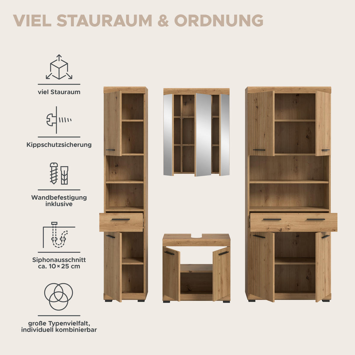 BADEZIMMER 4-teilig  in 171 cm  - Schwarz/Eiche Artisan, Trend, Glas/Holzwerkstoff (171cm) - MID.YOU