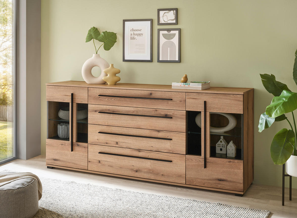 SIDEBOARD  200/86/42 cm 4 Schublade(n)  - Eichefarben/Schwarz, Design, Glas/Holzwerkstoff (200/86/42cm) - Livetastic