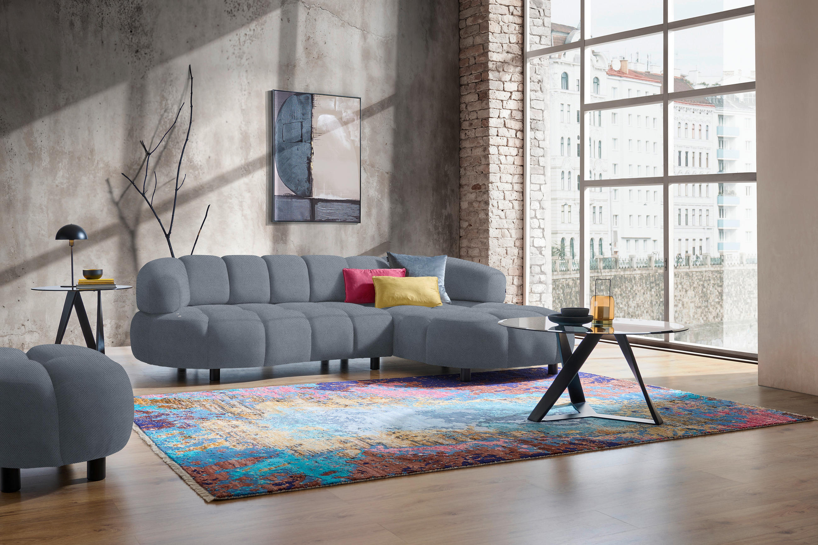 ECKSOFA in Webstoff Blaugrau  - Blaugrau/Schwarz, Design, Holz/Textil (284/183cm) - Welnova
