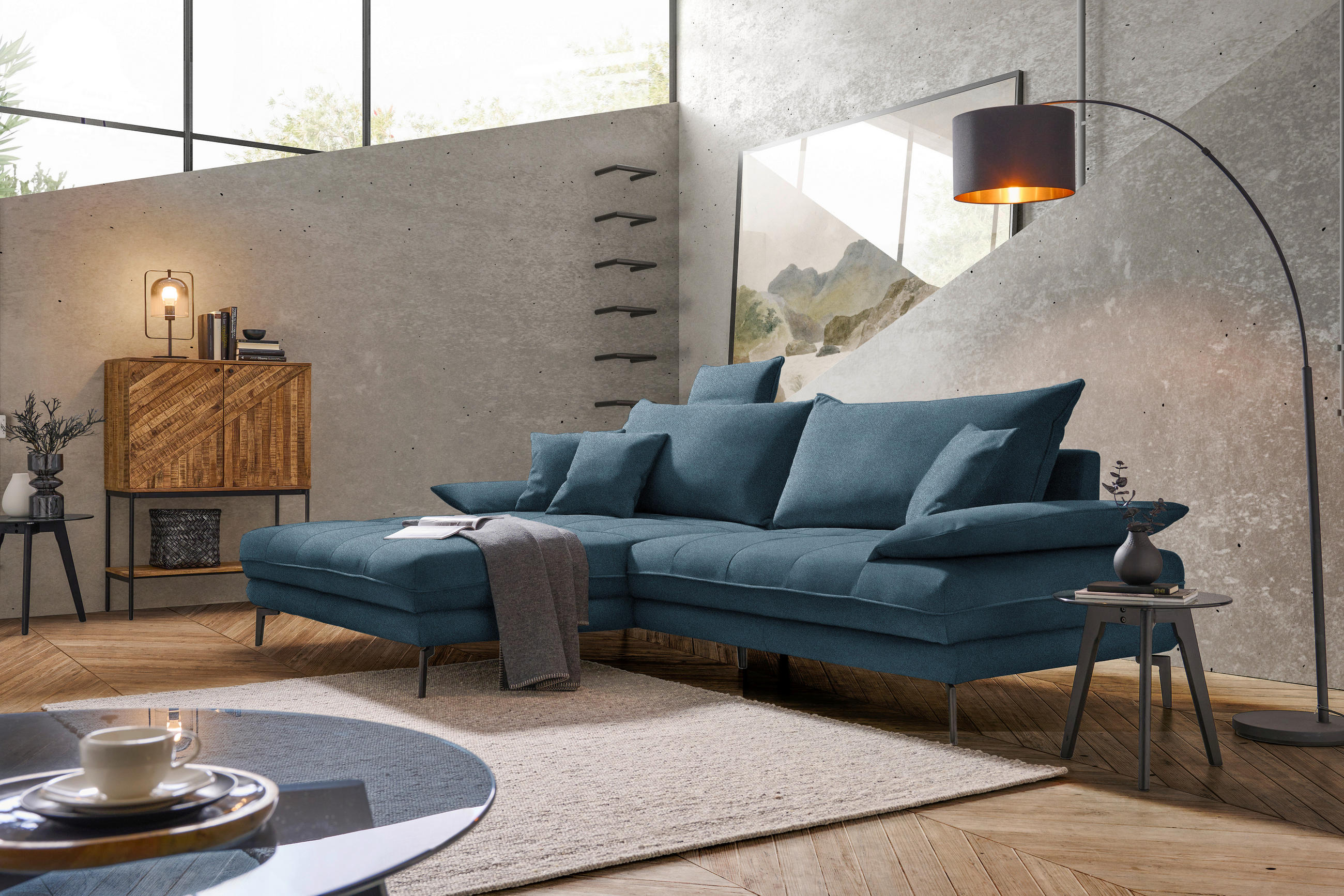 ECKSOFA in Mikrofaser Blau  176/292 cm  - Blau/Schwarz, MODERN, Textil/Metall (176/292cm) - Carryhome