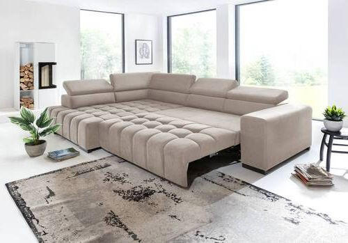 ECKSCHLAFSOFA Beige Velours  - Beige/Schwarz, Design, Holz/Textil (201/307cm) - Livetastic
