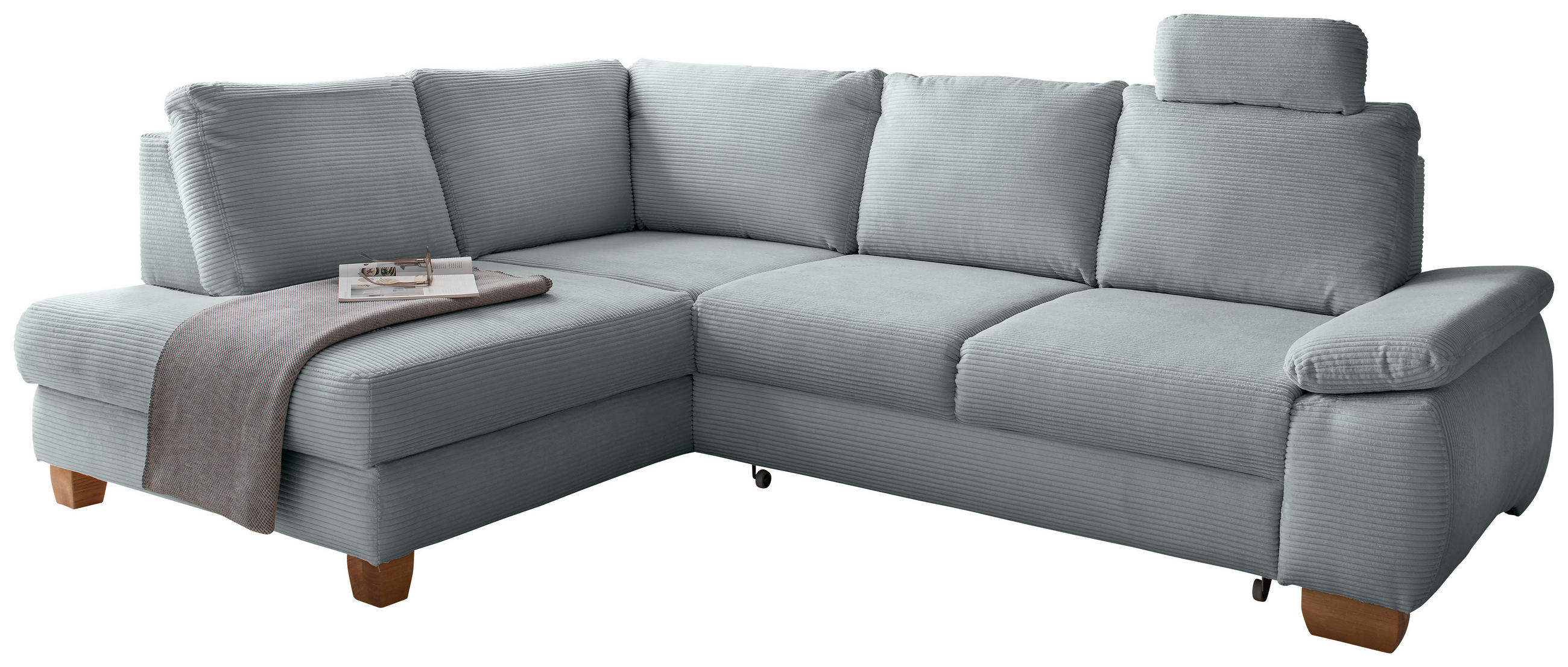 ECKSCHLAFSOFA Cord Hellblau  inkl. Bettkasten, Schlaffunktion, Armteilverstellung, Sitztiefenverstellung, Liegefläche im Originalstoff, Kopfstütze  - Wildeiche/Hellblau, MODERN, Holz/Textil (206/261cm) - Livetastic