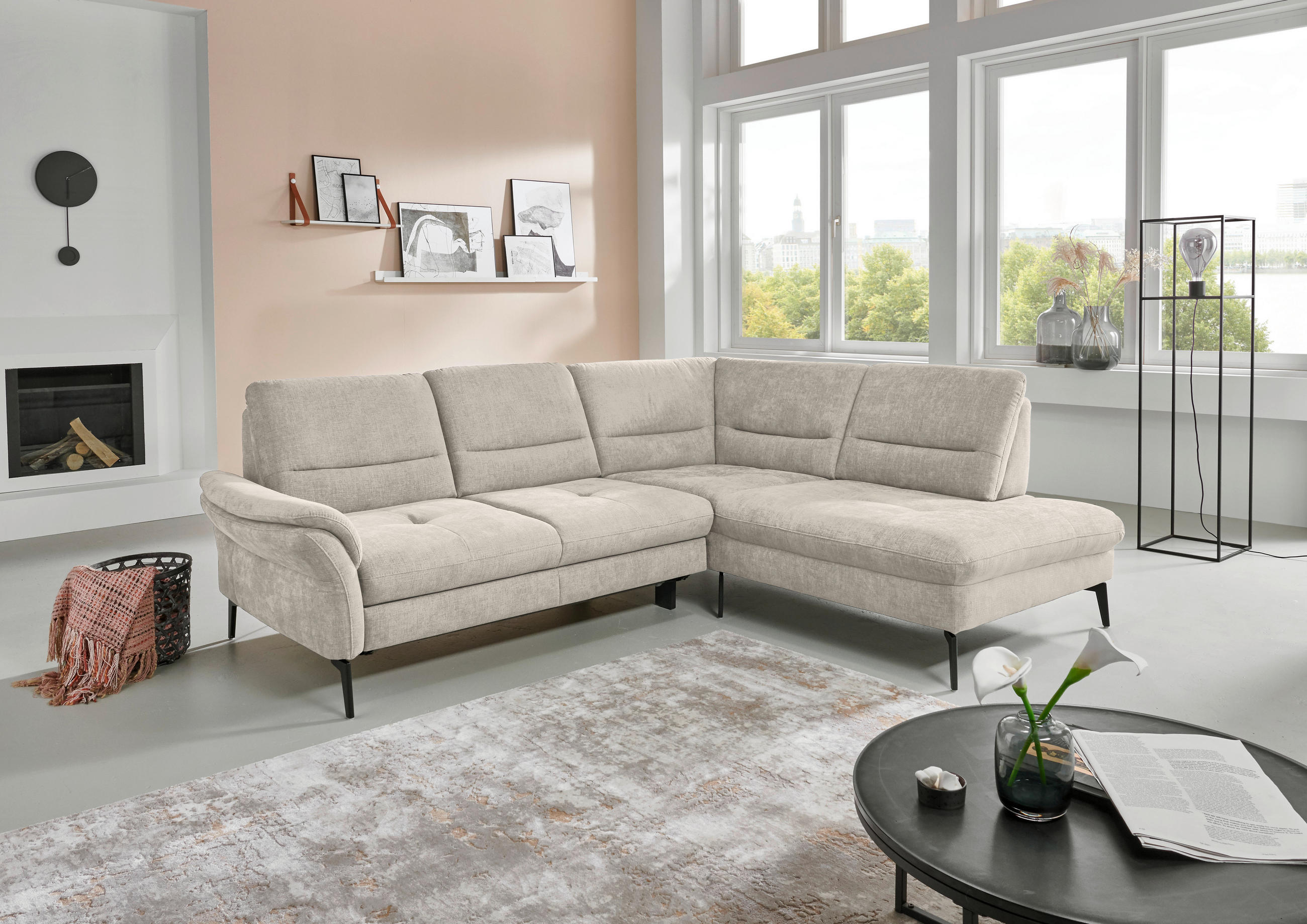 ECKSOFA in Webstoff Beige  - Beige/Schwarz, Design, Textil/Metall (256/206cm) - Beldomo System