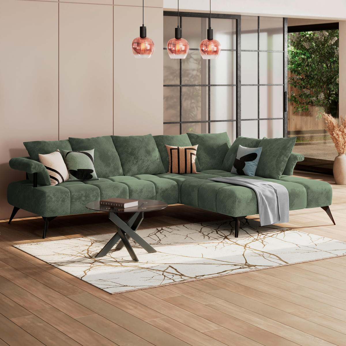ECKSOFA in Flachgewebe Grün  - Schwarz/Grün, Modern, Kunststoff/Textil (297/200cm) - Livetastic