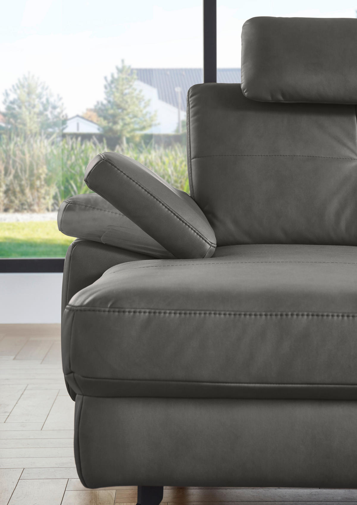 WOHNLANDSCHAFT in Lederlook, Mikrofaser Dunkelgrau  - Dunkelgrau/Schwarz, Design, Textil/Metall (220/343/179cm) - Beldomo System