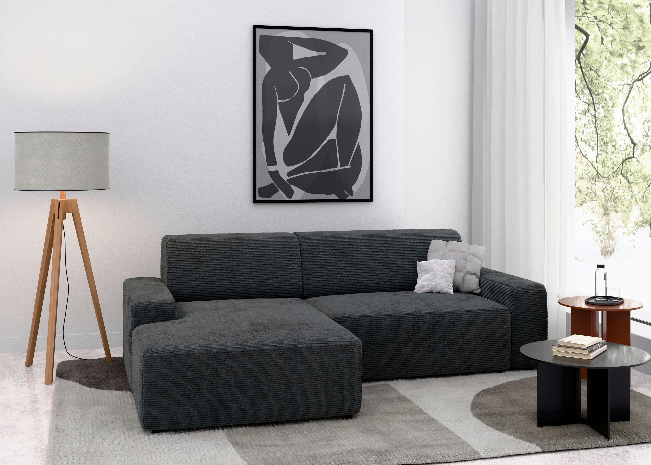 ECKSOFA in Cord Dunkelgrau - Dunkelgrau/Schwarz, Modern, Kunststoff/Textil (162/246cm) - Trendmanufaktur