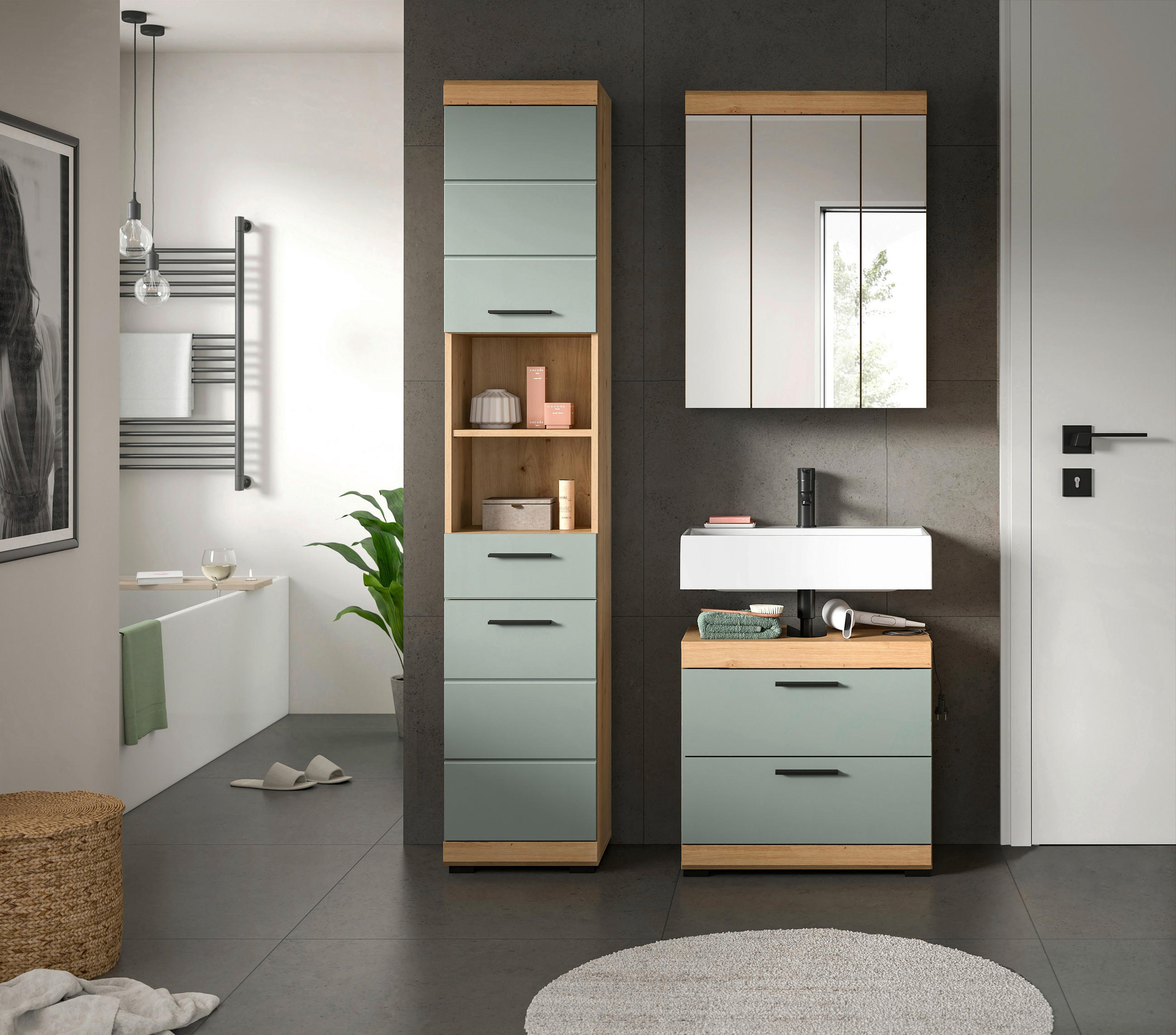 BADEZIMMER 3-teilig  in 97 cm  - Salbeigrün/Schwarz, MODERN, Glas/Holzwerkstoff (97cm) - MID.YOU