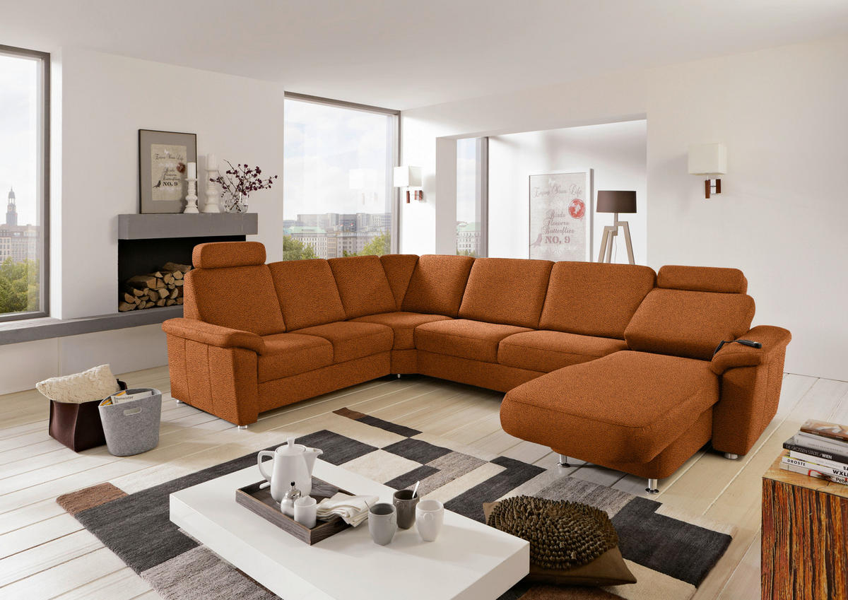 WOHNLANDSCHAFT Cognac Flachgewebe  - Chromfarben/Cognac, KONVENTIONELL, Textil/Metall (240/336/163cm) - Beldomo System