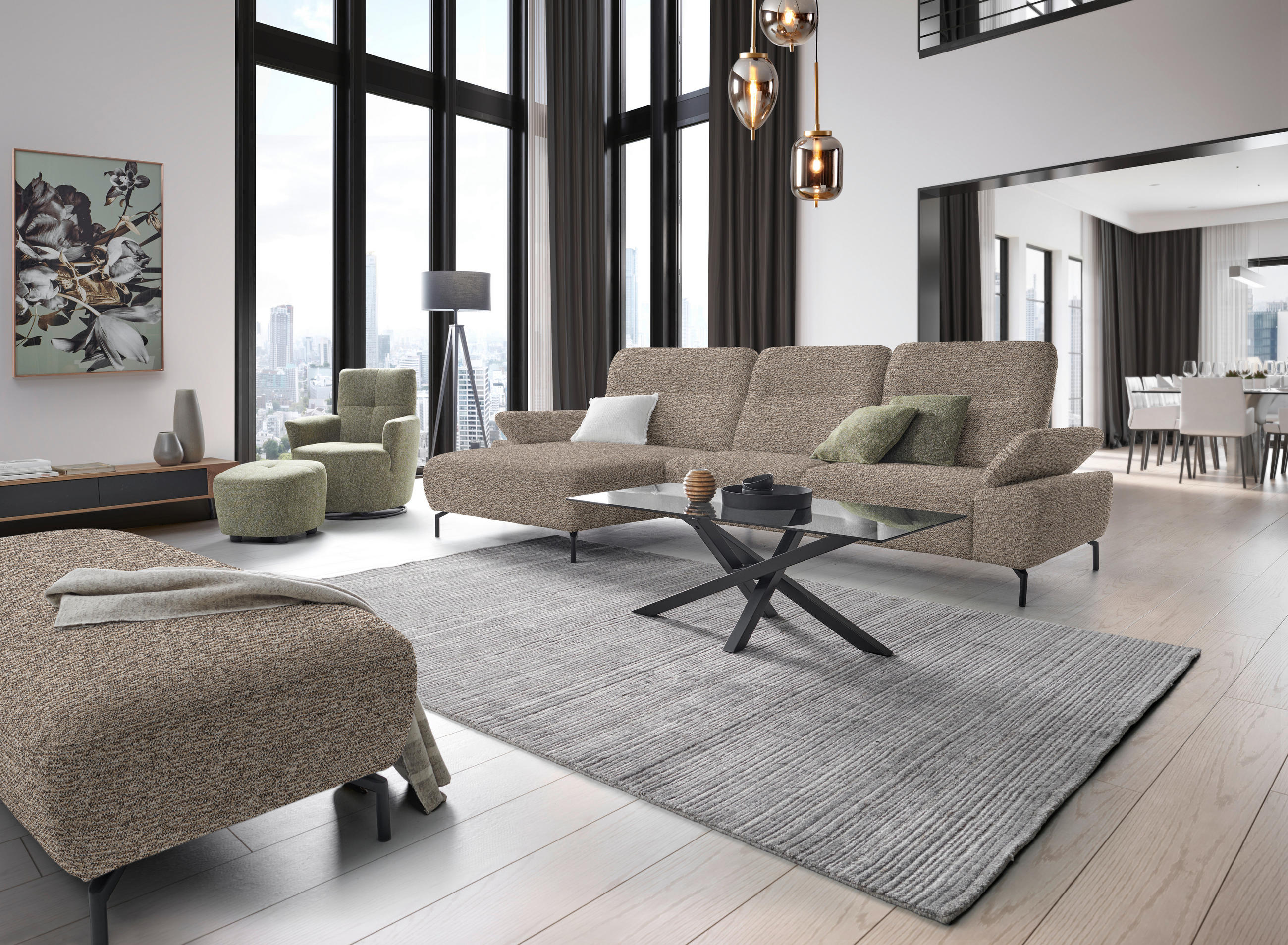 ECKSOFA in Chenille, Flachgewebe Beige  - Beige/Schwarz, Design, Textil/Metall (165/318cm) - Xora