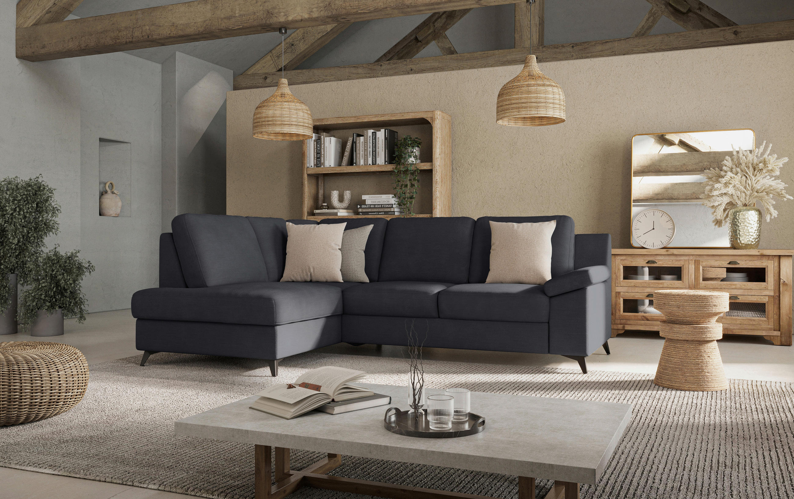 ECKSOFA in Flachgewebe Dunkelblau  - Schwarz/Dunkelblau, KONVENTIONELL, Textil/Metall (170/242cm) - Cotta
