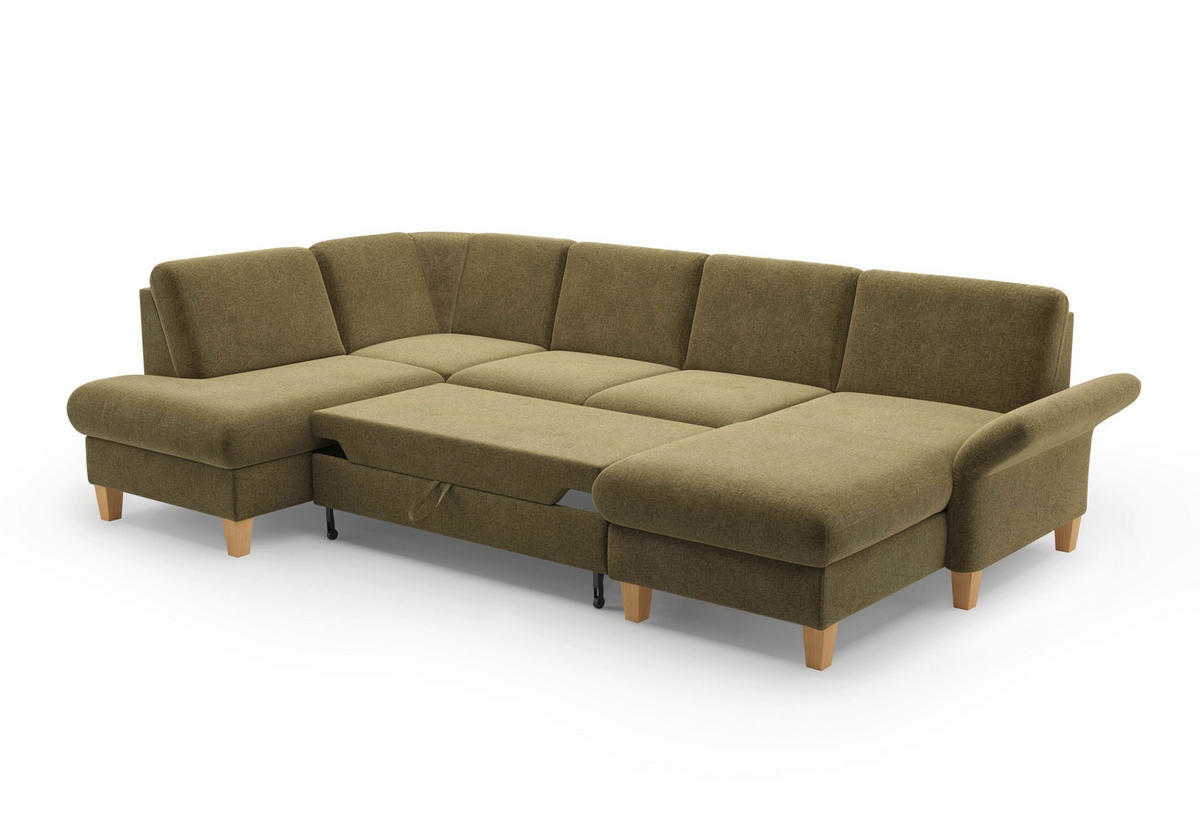 WOHNLANDSCHAFT Olivgrün Flachgewebe  - Eichefarben/Olivgrün, KONVENTIONELL, Holz/Textil (195/314/164cm) - Sit & More
