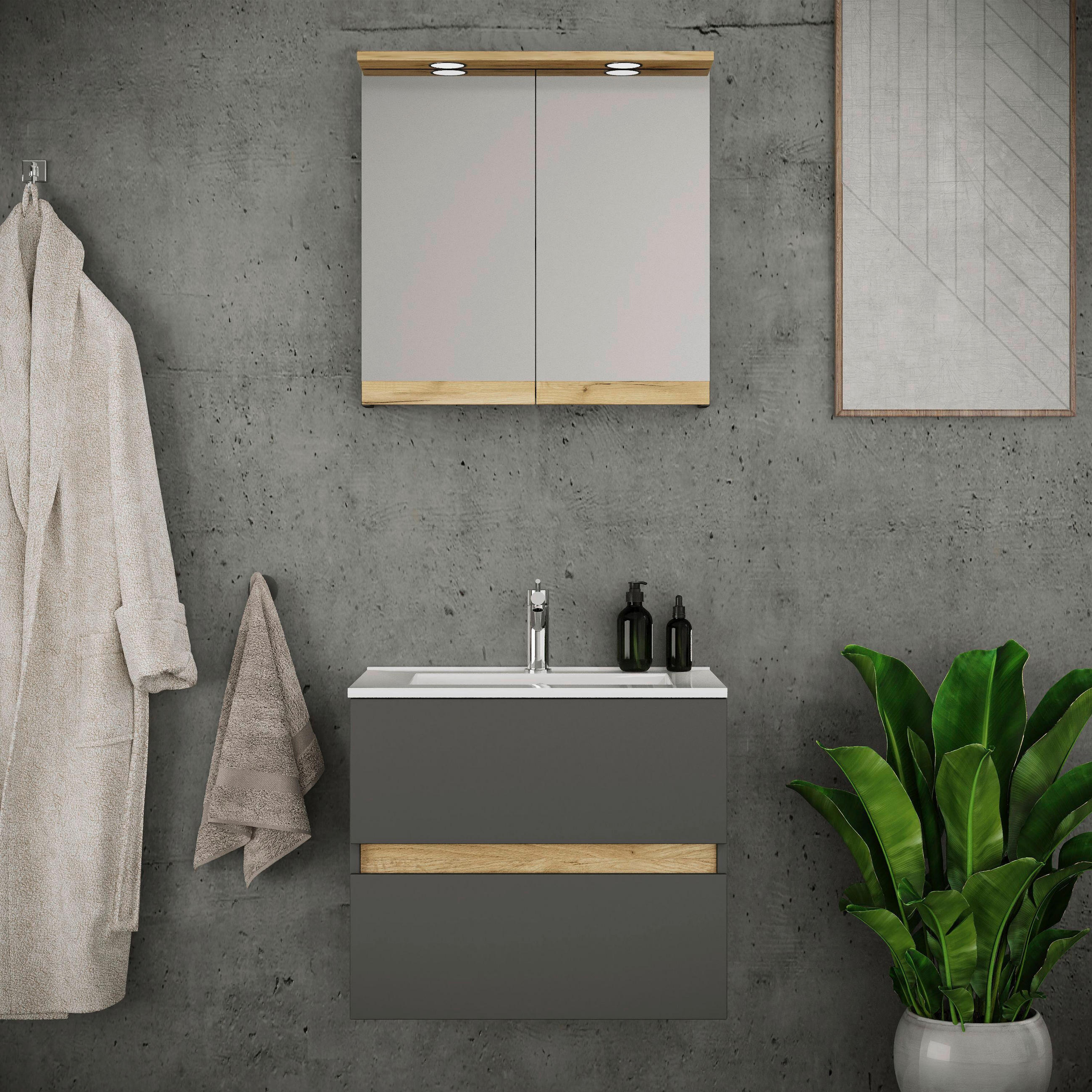 BADEZIMMER 3-teilig 61 cm  - Honigeiche/Weiss, Trend, Keramik/Holzwerkstoff (61cm) - MID.YOU