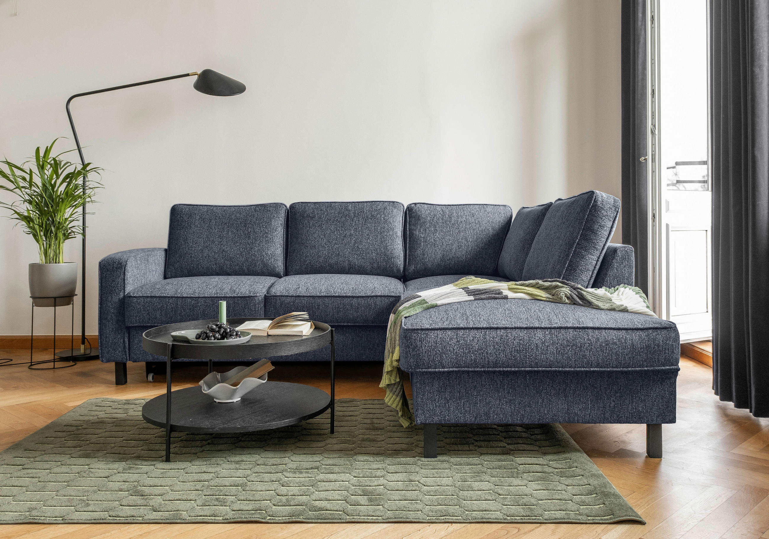 Thumbnail - Mid.you Ecksofa, Dunkelblau, Textil, Eiche, 6-Sitzer, Füllung: Schaumstoffflocken, Ottomane rechts, L-Form, 233x198 cm, ...