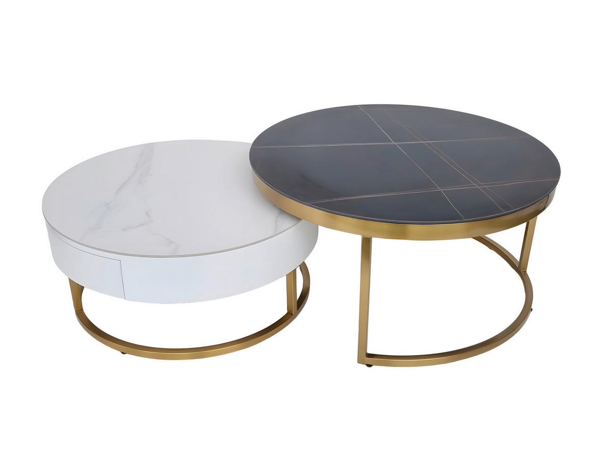 COUCHTISCHSET 70-80/70-80/31-39 cm rund Schwarz, Weiß, Goldfarben  - Goldfarben/Schwarz, Design, Holzwerkstoff/Stein (70-80/70-80/31-39cm) - Modante