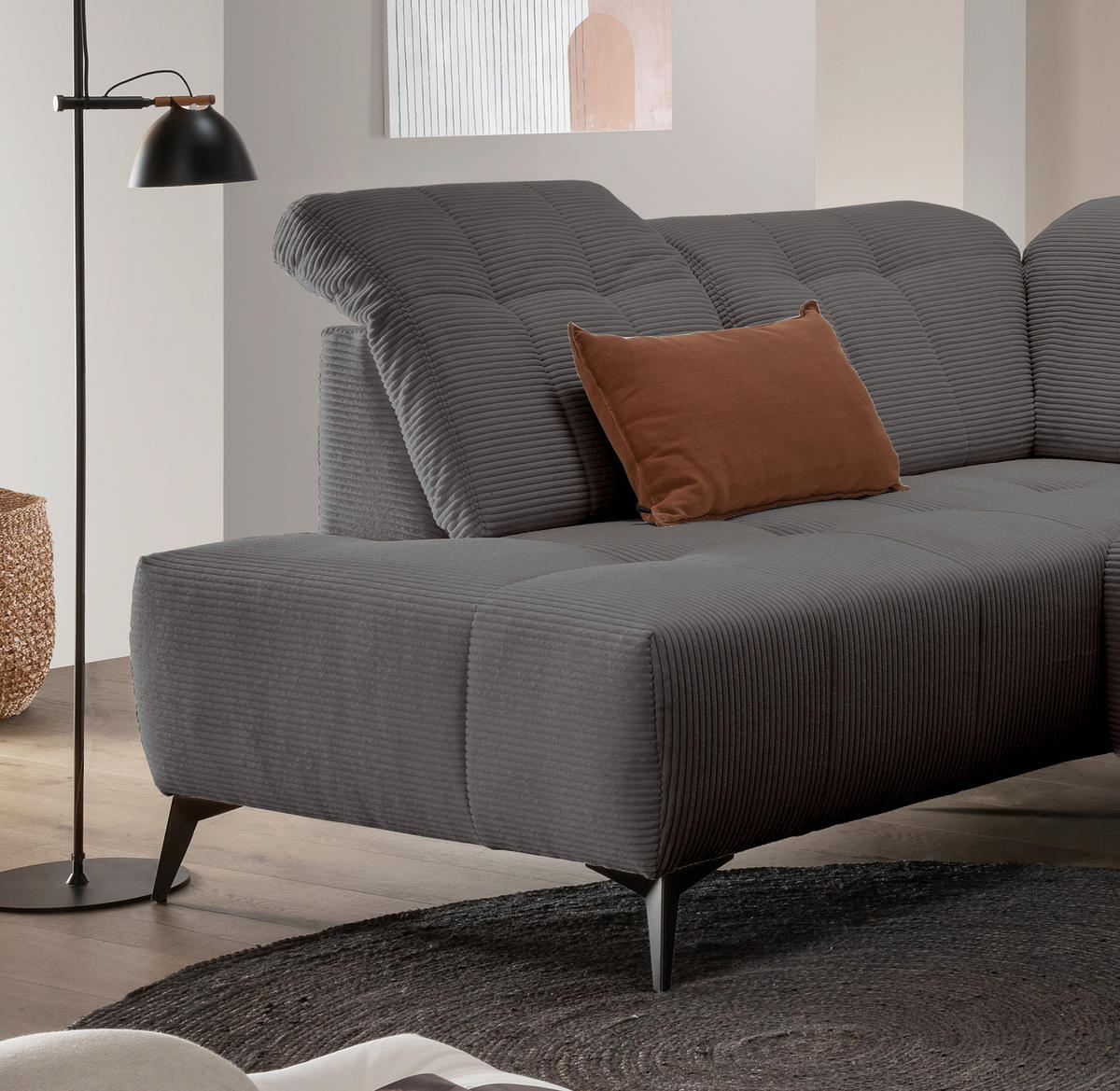 WOHNLANDSCHAFT Cord Grau  - Schwarz/Grau, Modern, Textil/Metall (200/337/180cm) - Livetastic