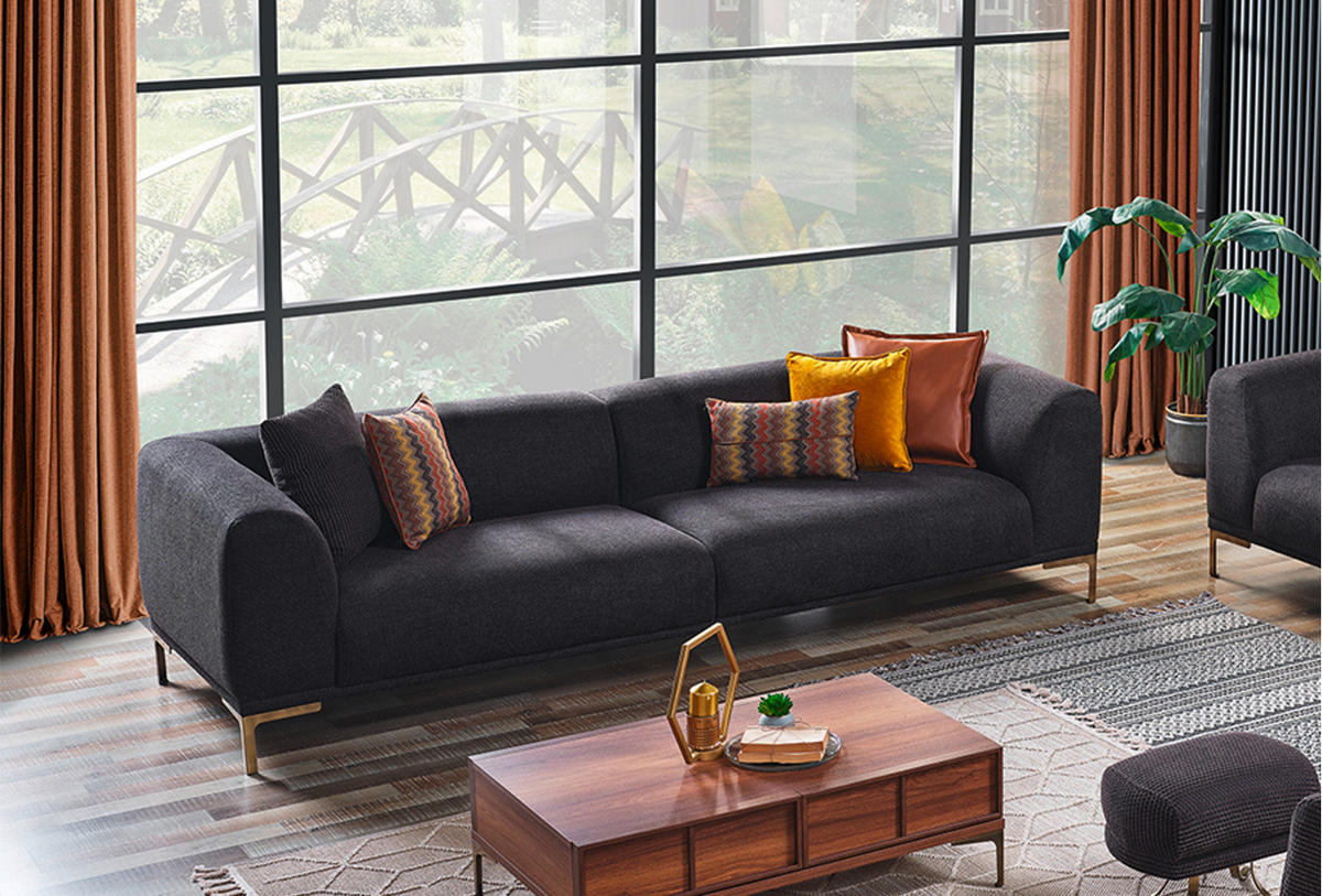 VIERSITZER-SOFA in Leinenoptik Anthrazit  - Anthrazit/Messingfarben, Design, Textil/Metall (286/74/98cm) - Livetastic