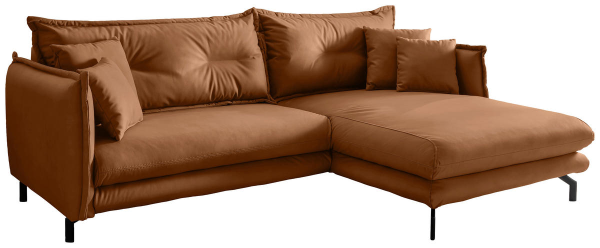 ECKSOFA in Lederlook Cognac  - Cognac/Schwarz, Modern, Textil/Metall (255/180cm) - Livetastic