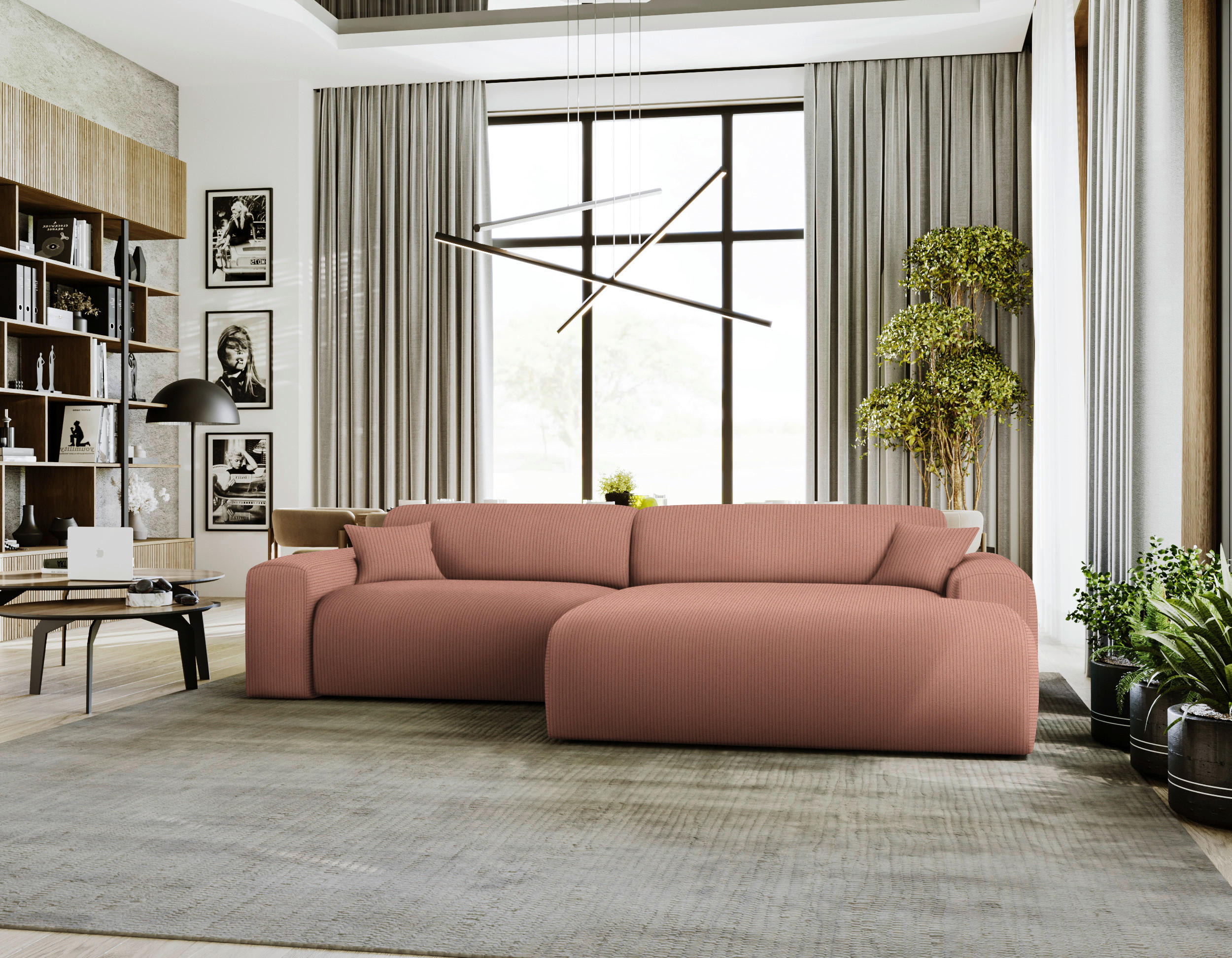 ECKSOFA in Velours, Feincord Aprikose  - Aprikose/Schwarz, Design, Kunststoff/Textil (292/178cm) - Livetastic