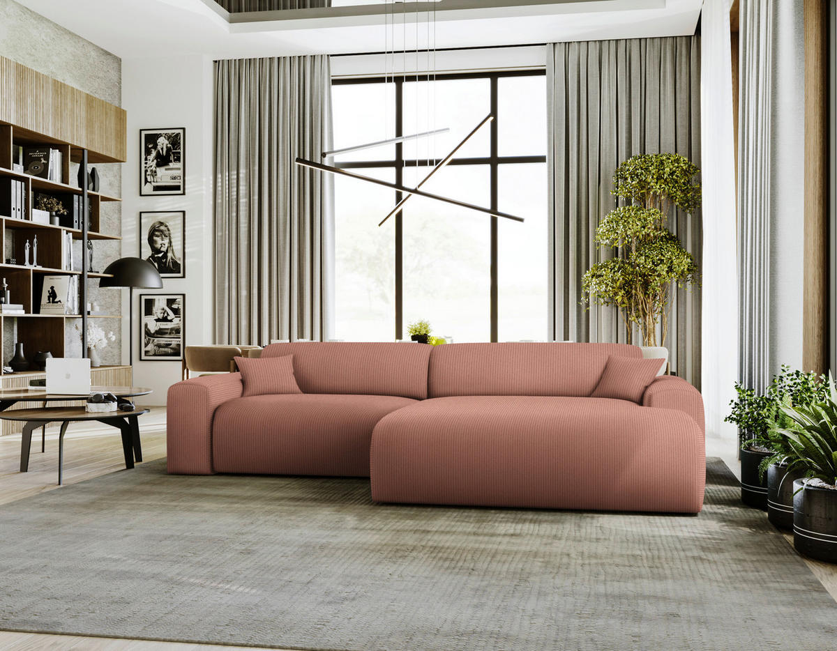 ECKSOFA in Velours, Feincord Aprikose  - Aprikose/Schwarz, Design, Kunststoff/Textil (292/178cm) - Livetastic