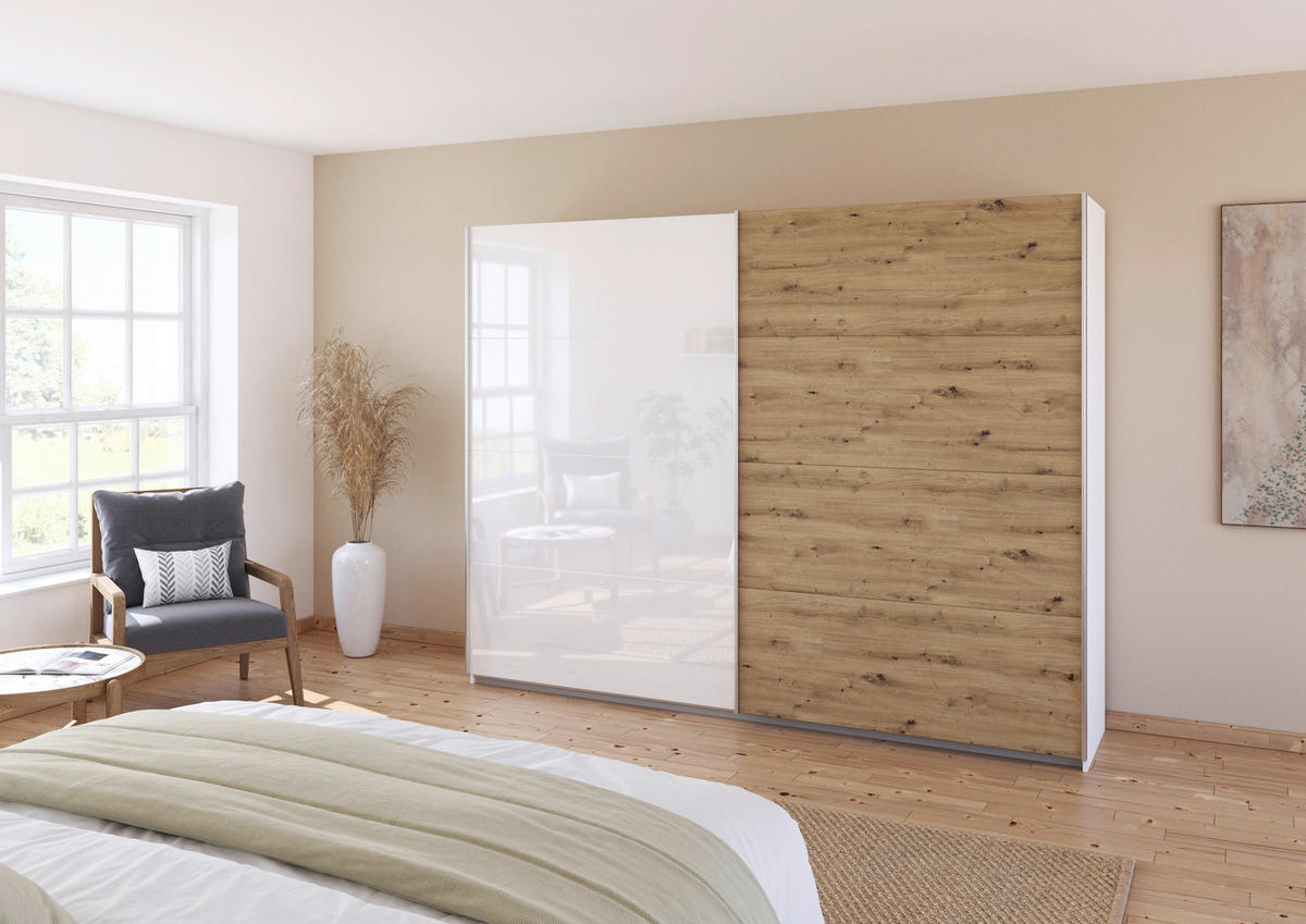 SCHWEBETÜRENSCHRANK  in Weiß, Eiche Artisan  - Alufarben/Weiß, KONVENTIONELL, Holzwerkstoff/Metall (271/210/62cm) - Xora