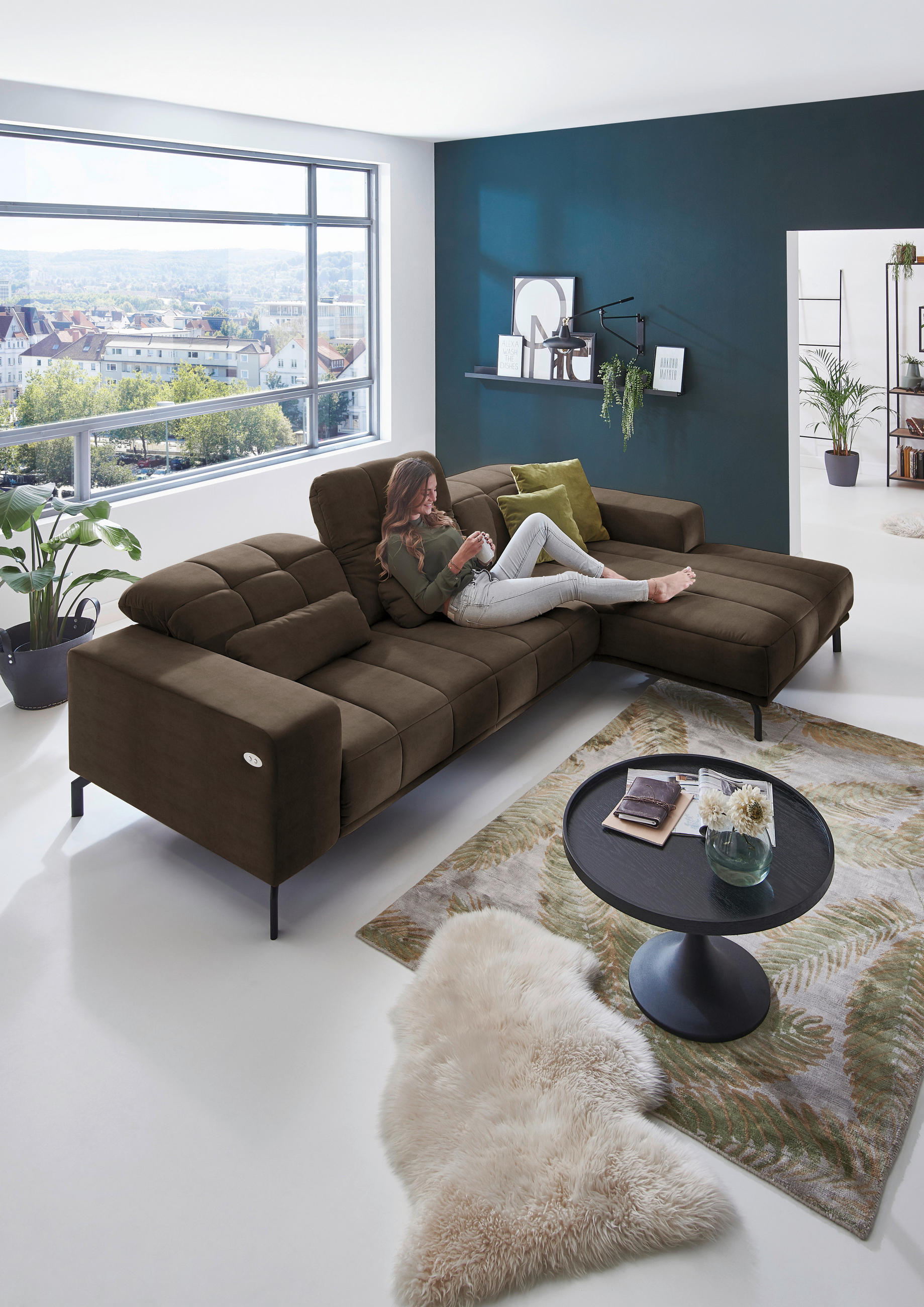 ECKSOFA in Velours Braun  293/195 cm  - Schwarz/Braun, Design, Textil/Metall (293/195cm) - Beldomo Style