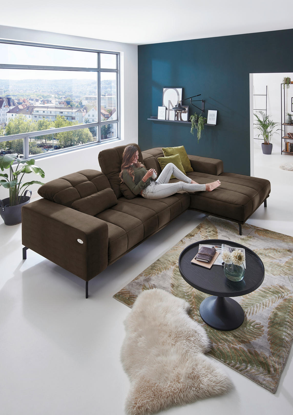 ECKSOFA in Velours Braun  293/195 cm  - Schwarz/Braun, Design, Textil/Metall (293/195cm) - Beldomo Style