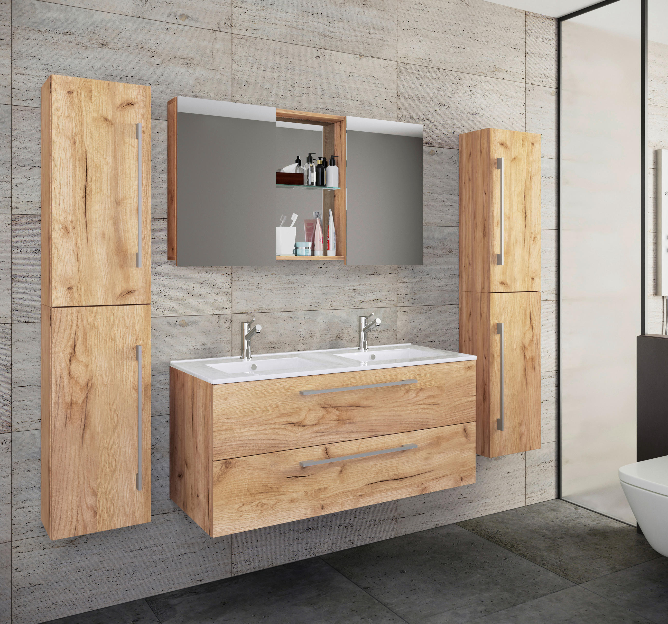 BADEZIMMER 5-teilig  in 178 cm  - Honigeiche/Alufarben, MODERN, Keramik/Holzwerkstoff (178cm) - MID.YOU