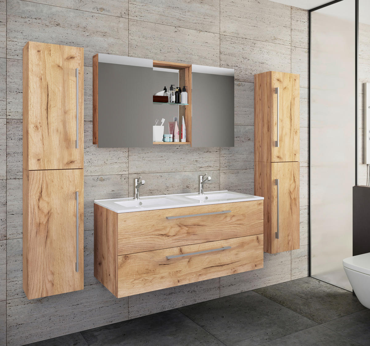 BADEZIMMER 5-teilig  in 178 cm  - Honigeiche/Alufarben, MODERN, Keramik/Holzwerkstoff (178cm) - MID.YOU