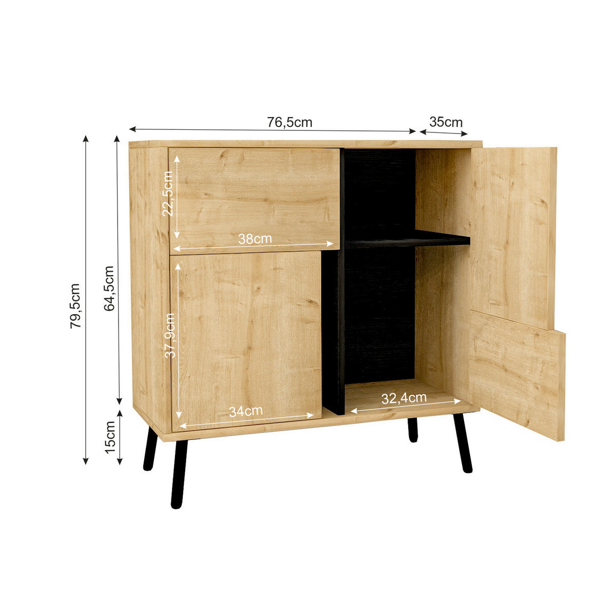 KOMMODE , 35/79/76,5 cm,  - Eichefarben/Schwarz, Design, Holz/Metall (35/79/76,5cm) - Livetastic
