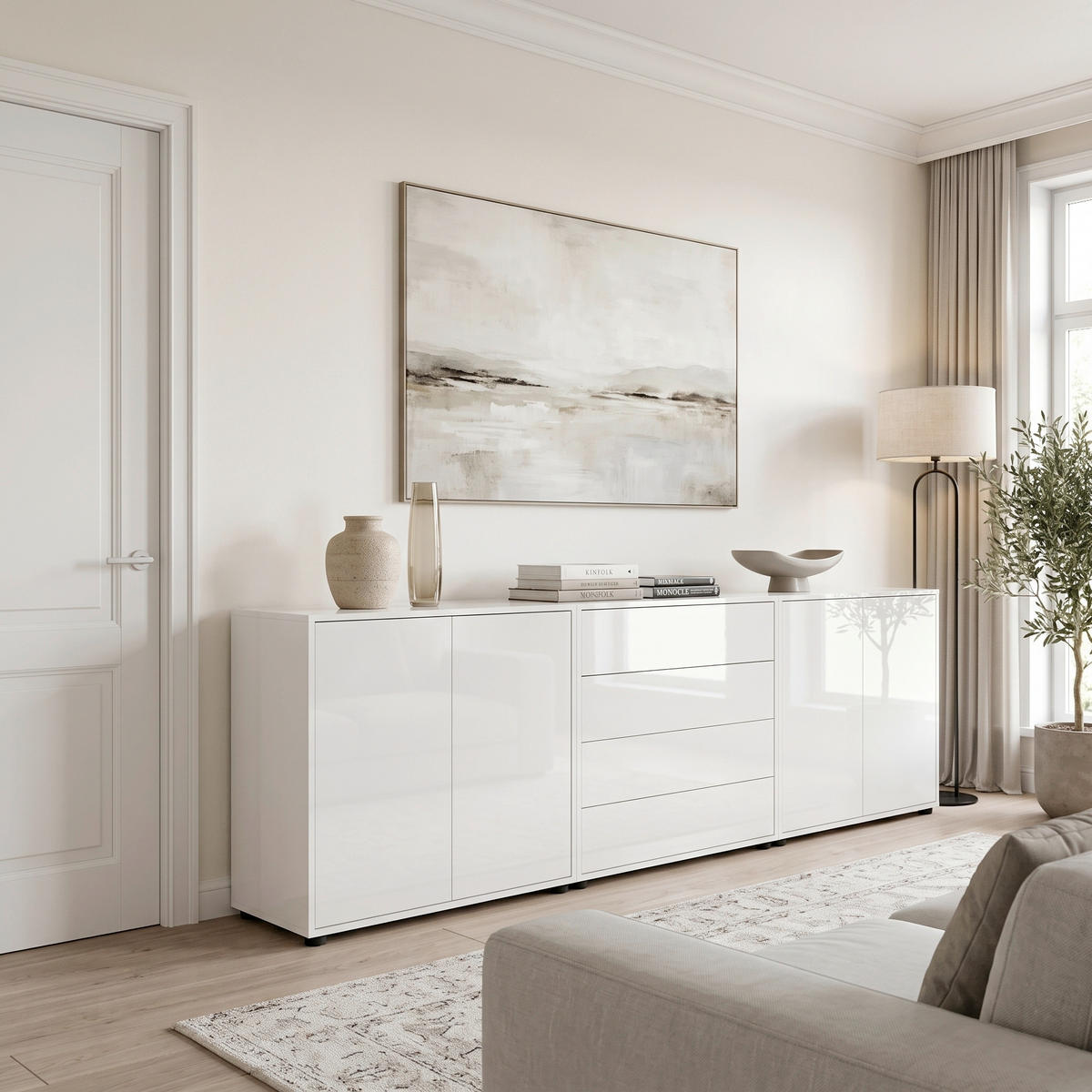 SIDEBOARD   - Weiß Hochglanz/Schwarz, MODERN, Holzwerkstoff/Kunststoff (237/73/33cm) - MID.YOU