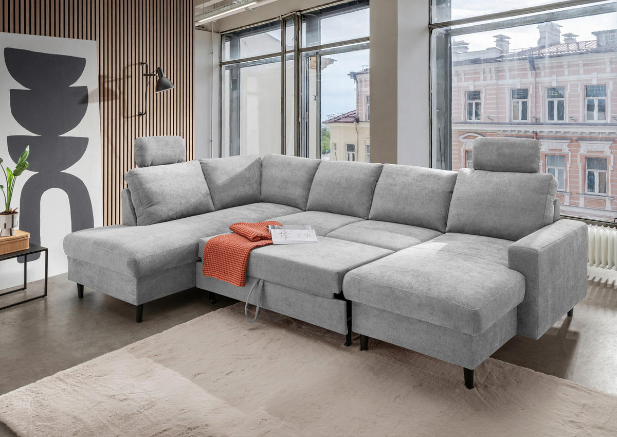 WOHNLANDSCHAFT in Chenille Grau  - Schwarz/Grau, Modern, Holz/Textil (200/305/153cm) - Livetastic