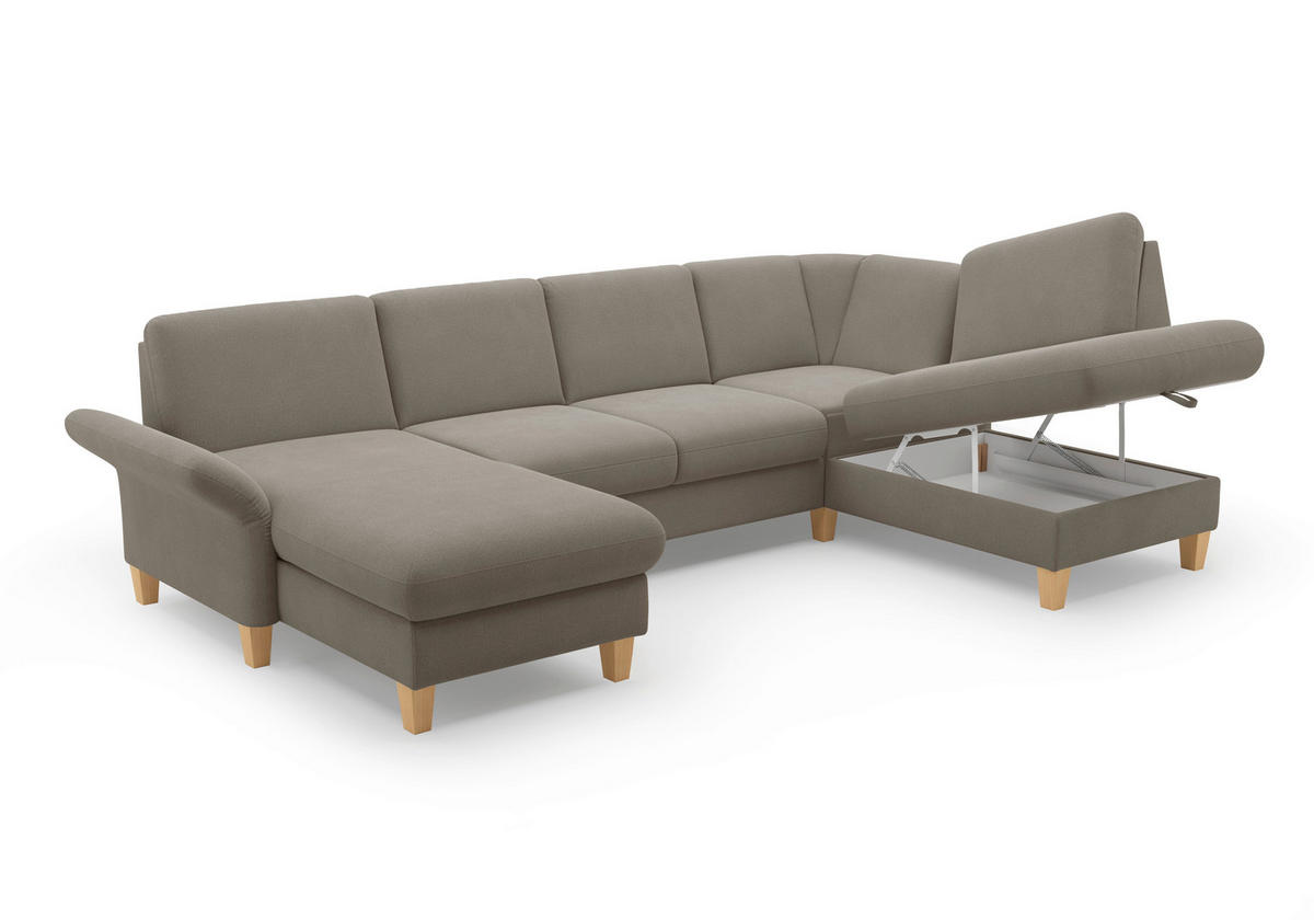 WOHNLANDSCHAFT Schlammfarben Flachgewebe  - Schlammfarben/Eichefarben, KONVENTIONELL, Holz/Textil (164/314/195cm) - Sit & More