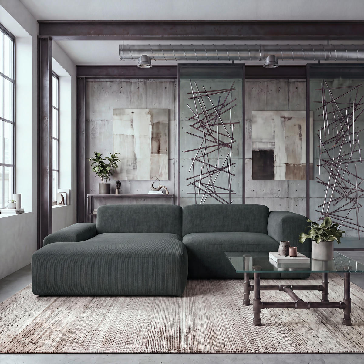 ECKSOFA HANNAH Schwarz Cord  - Schwarz, Design, Kunststoff/Textil (170/252cm) - MID.YOU