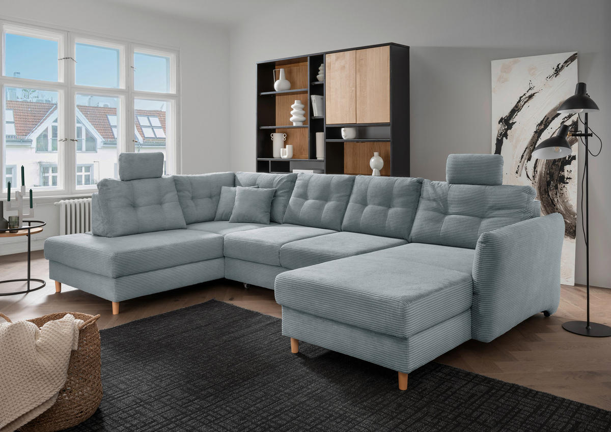 WOHNLANDSCHAFT in Cord Hellblau  - Naturfarben/Hellblau, Modern, Holz/Textil (206/338-352/176cm) - Livetastic