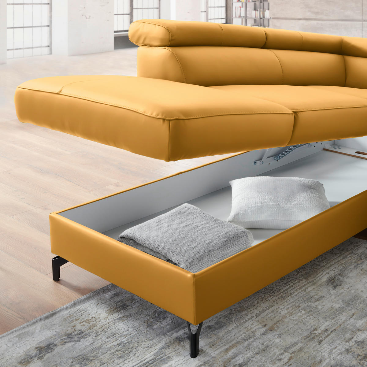 ECKSOFA in Echtleder Currygelb  - Currygelb/Schwarz, Design, Leder/Metall (220/256cm) - Celina Home