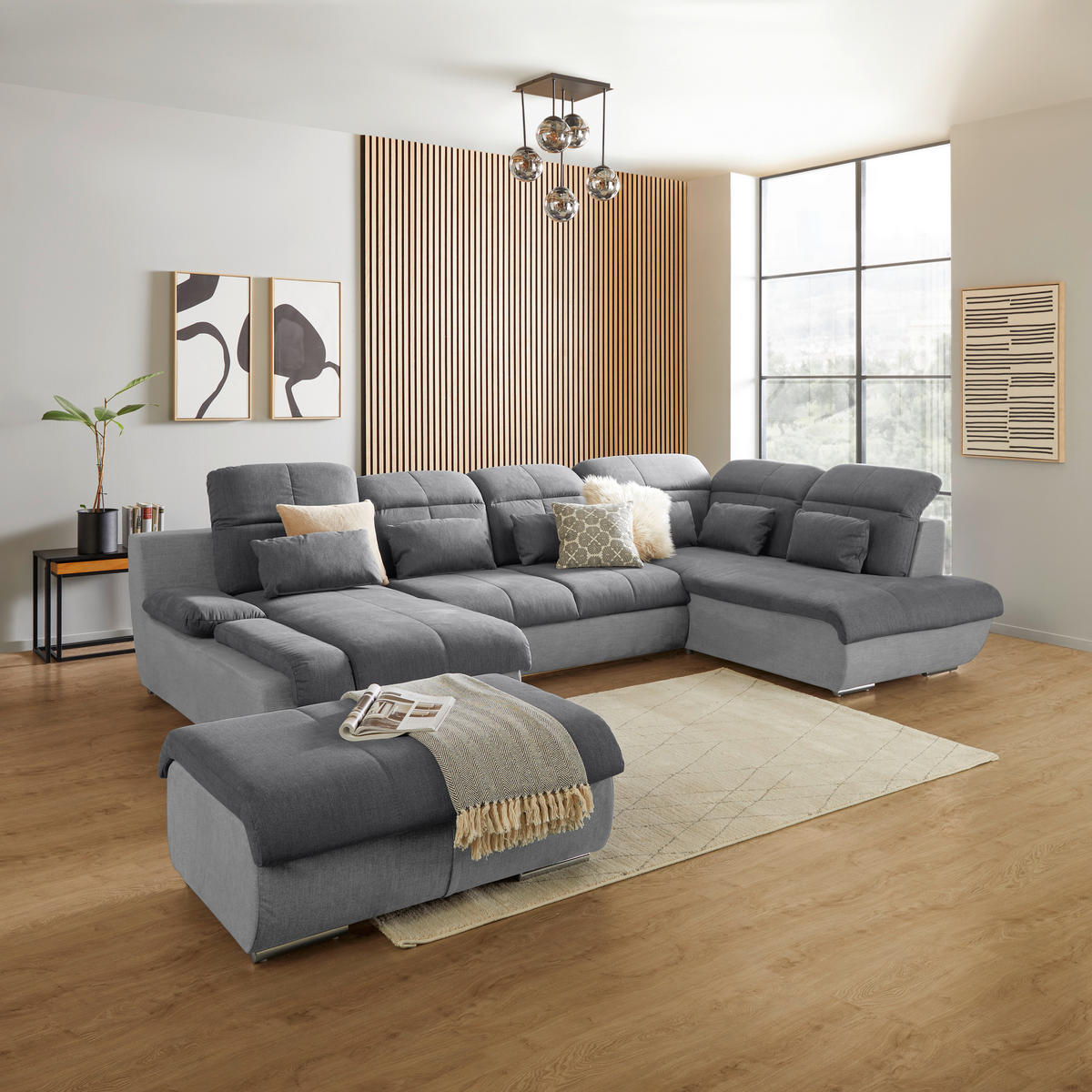 HOCKER Mikrofaser Hellgrau, Dunkelgrau  - Chromfarben/Dunkelgrau, MODERN, Textil/Metall (100/43/80cm) - MID.YOU