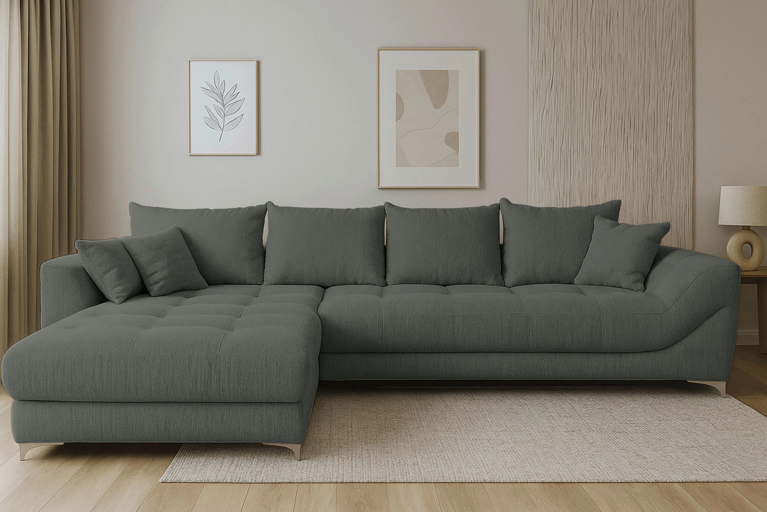 ECKSOFA Dunkelgrau Chenille  - Chromfarben/Dunkelgrau, KONVENTIONELL, Textil/Metall (227/329cm) - Carryhome