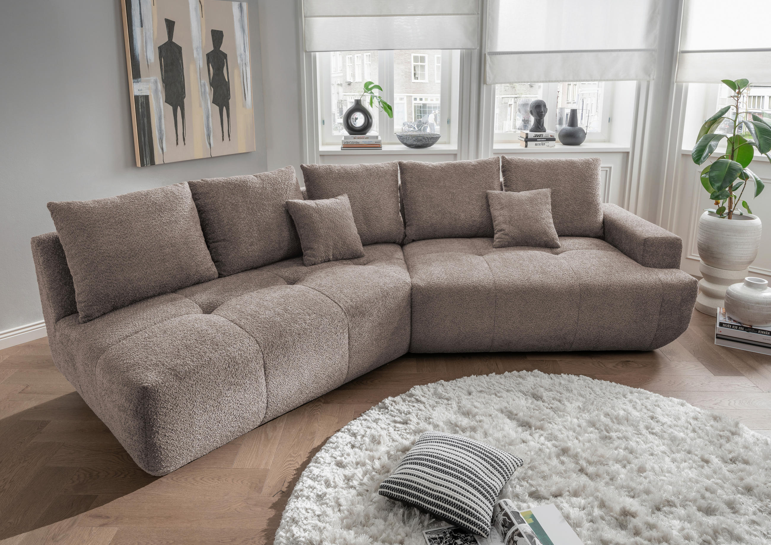 BIGSOFA Bouclé Taupe  - Taupe/Schwarz, MODERN, Kunststoff/Textil (323/91/155cm) - Livetastic