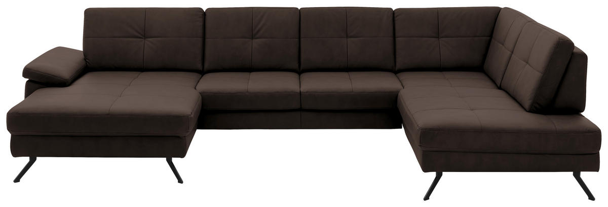 WOHNLANDSCHAFT Lederlook, Mikrofaser Dunkelbraun  - Dunkelbraun/Schwarz, Design, Textil/Metall (345/220cm) - Beldomo System