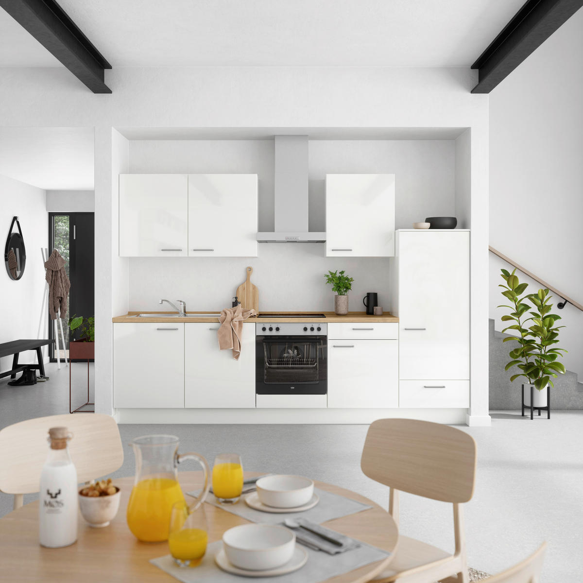 KÜCHENLEERBLOCK 300 cm   in Eichefarben, Weiß Hochglanz  - Edelstahlfarben/Eichefarben, MODERN, Holzwerkstoff/Metall (300cm) - Nobilia