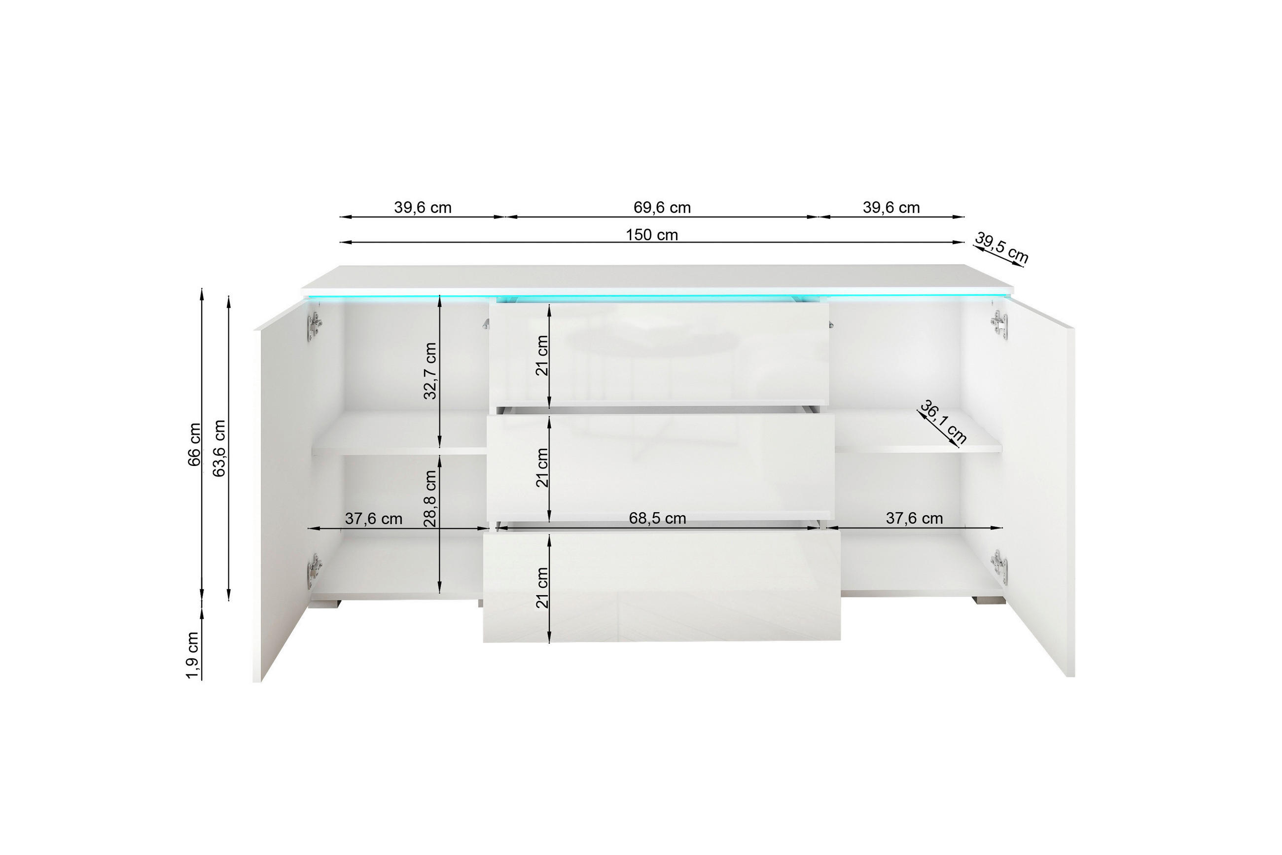Thumbnail - P & B Sideboard Vera, Graphit, Holzwerkstoff, 2 Fächer, 3 Schubladen, 150x67.9x39.5 cm, Fsc, stehend, Wohnzimmer, Kommod...