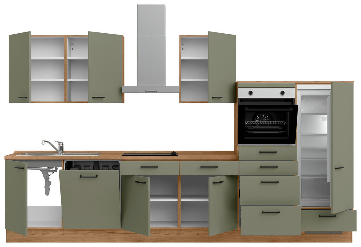 KÜCHENLEERBLOCK Senso 360 cm  in Eichefarben, Olivgrün  - Eichefarben/Schwarz, MODERN, Holzwerkstoff/Metall (360cm) - Nobilia