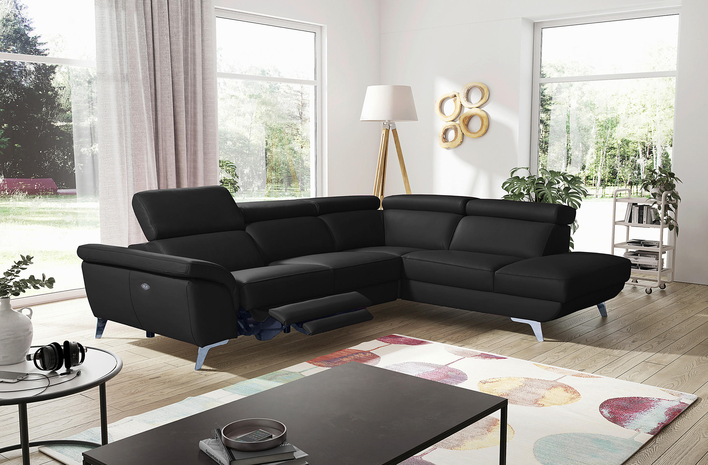 ECKSOFA  in Echtleder Schwarz  283/228 cm  - Silberfarben/Schwarz, Design, Leder/Metall (283/228cm) - Livetastic
