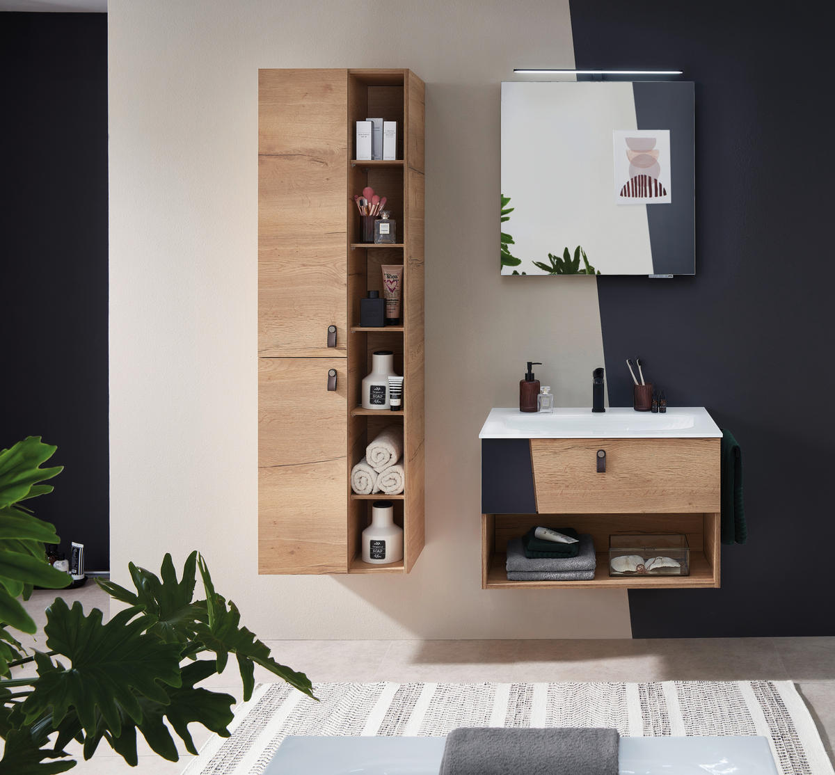 WASCHTISCHKOMBI 77 cm  - Eichefarben/Schwarz, KONVENTIONELL, Leder/Glas (77cm) - Sadena